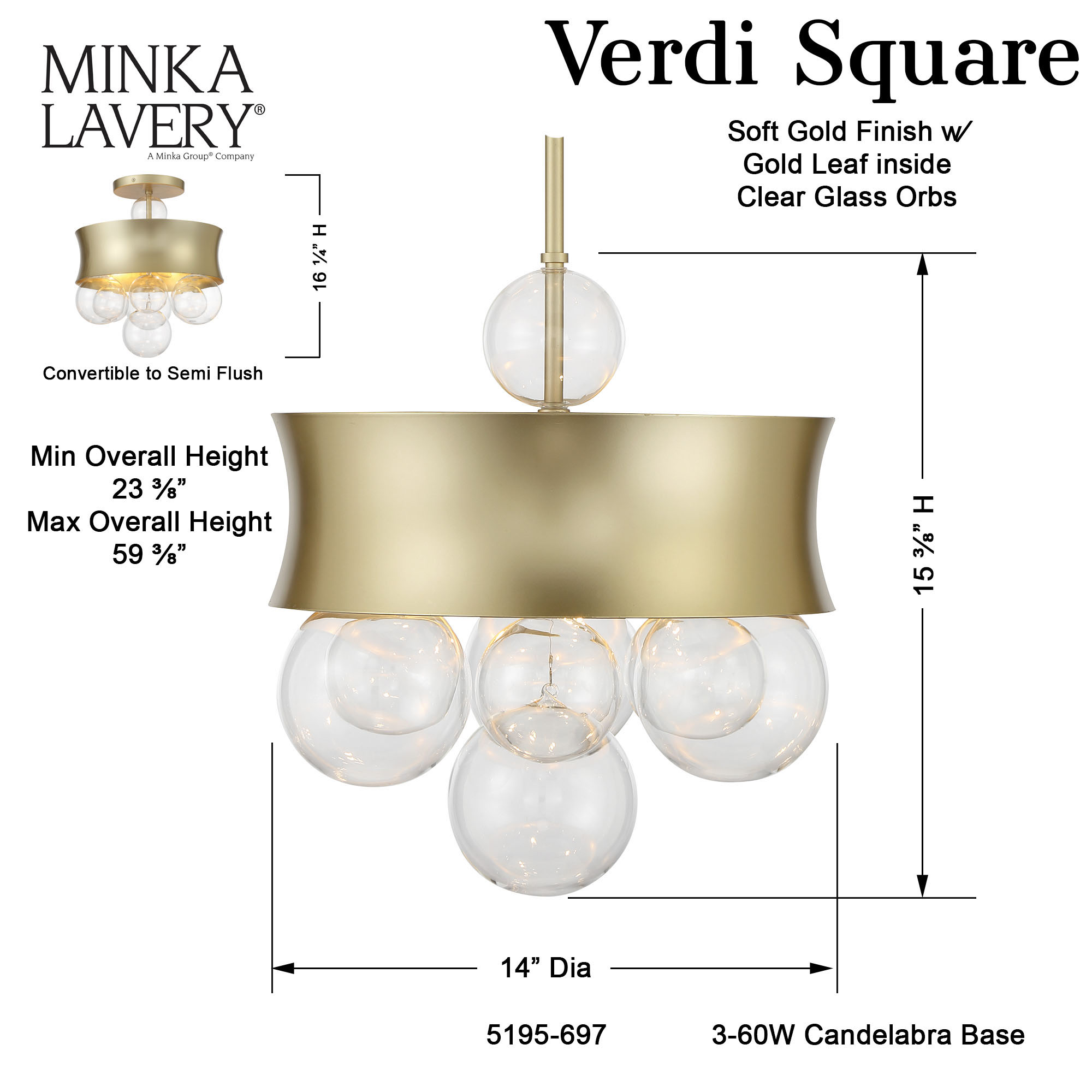 Verdi Square - 3 Light Convertible Pendant