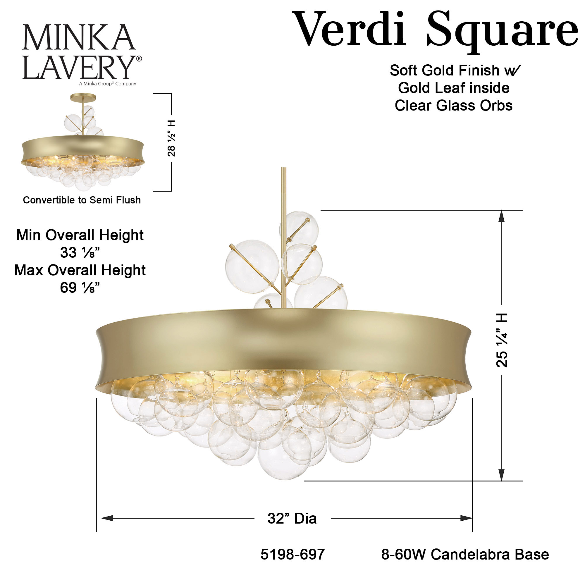 Verdi Square- 25" 8 Light Convertible Pendant